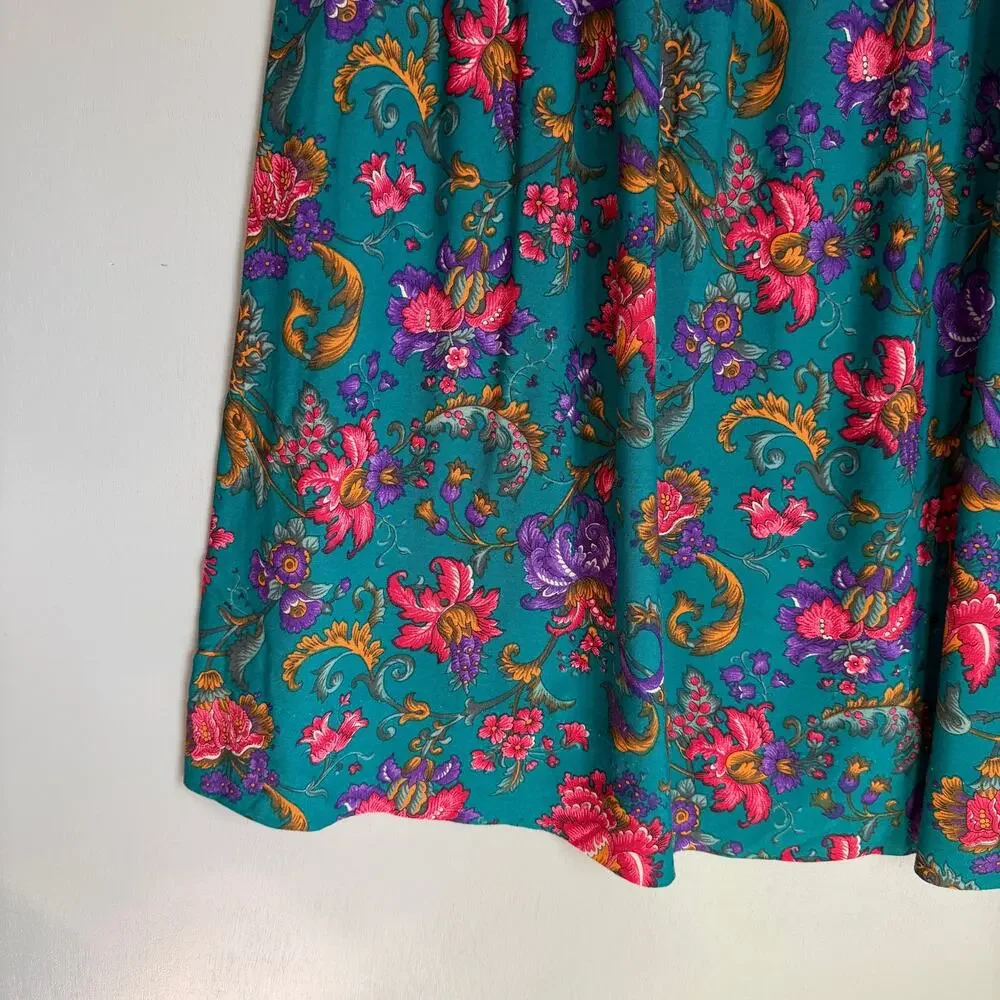 Vintage ALFRED DUNNER Women's 16 Green/Blue Floral Full Midi Retro Skirt 90's - Picture 9 of 9